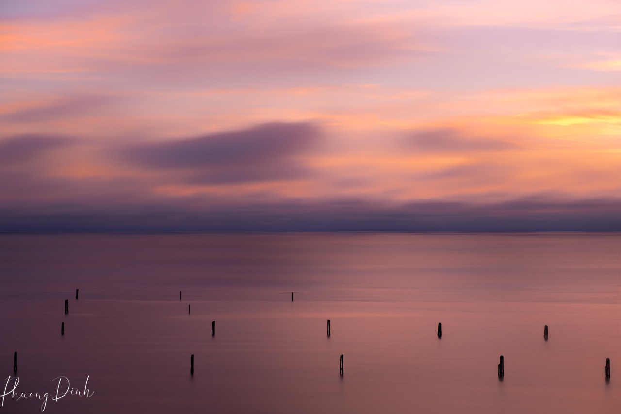 serene morning, long exposure, Gladstone riverside park, vancouver, water, river, fine art photography, fine art, serenity, tranquility, orange sunset
