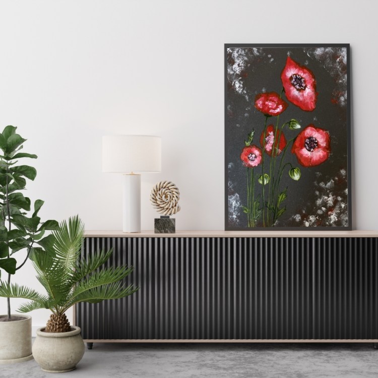 flower, poppy, red poppy, acrylic painting, mixed media